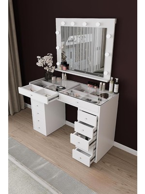 DF02115B LED Işıklı Aynalı Makyaj Masası Tabureli, Bölmeli 12 Çekmeceli Organizer Kozmetik Masası