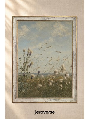 Jeraverse Rüzgârda Kır Çiçekleri Dikey Tekli Camlı Çerçeveli Vintage Tablo - 15 x 21 Patina Krem