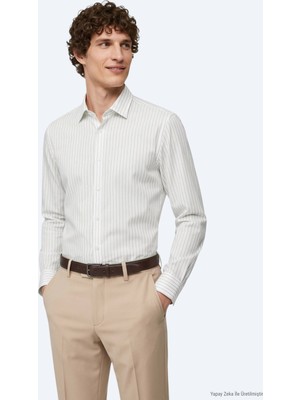 Kip Açık Bej Çizgili Regular Fit Uzun Dokuma Casual %100 Pamuk Gömlek