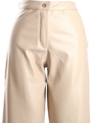 Vedi Minimalist Deri Yüksek Bel Geniş Paça Kadın Pantolon - Günlük & Şık