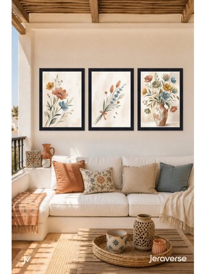 Jeraverse Kır Çiçekleri Buketi 3'lü Çerçeveli Balkon Tablo Seti - 15 x 21 Mat Siyah