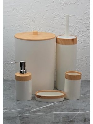 Pratik Ev Banyo Takımı; 5'li Banyo Seti, Ahşap Görünümlü, 5 Parça