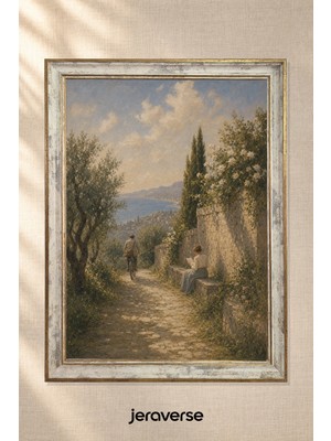 Jeraverse Taş Yolda Köy Yolcuları Tekli Camlı Çerçeveli Vintage Tablo - 15 x 21 Patina Krem