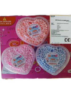 Özel Kalpli Kutu 3X200 gr Slime Ele Yapışmayan Köpüklü Slaym Seti Sertifikalı, Çok Renkli