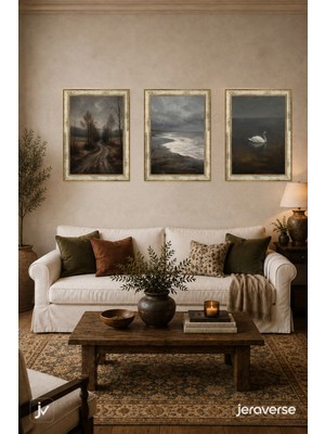 Jeraverse Fırtınalı Kıyılar ve Beyaz Kuğu 3'lü Çerçeveli Vintage Tablo Seti - 15 x 21 Patina Krem
