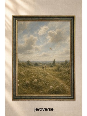 Jeraverse Kır Çiçekleri Arasında Yol Dikey Tekli Camlı Çerçeveli Vintage Tablo - 15 x 21 Zeytin Patina