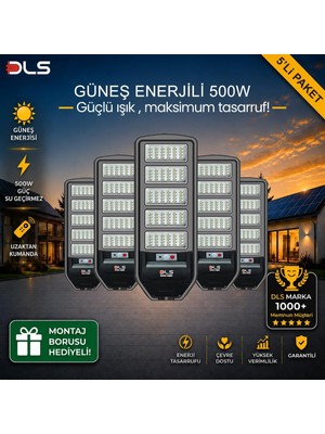 5'li Paket Dls 500W Güneş Enerjili Solar Sokak ve Bahçe Lambası, Lifepo4 Bataryalı, IP66, Hareket Sensörlü, Uzaktan Kumandalı LH99-500