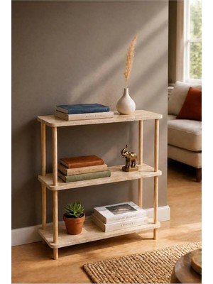 Modern Minimalist 3 Raflı Kitaplık Ahşap Ayaklı Çok Amaçlı Dekoratif Salon Ofis Düzenleyici Raf (Traverten Mermer Rengi)