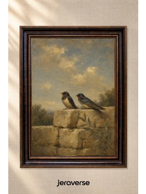 Jeraverse Taş Duvarda Kırlangıçlar Tekli Camlı Çerçeveli Vintage Tablo - 15 x 21 Antik Maun