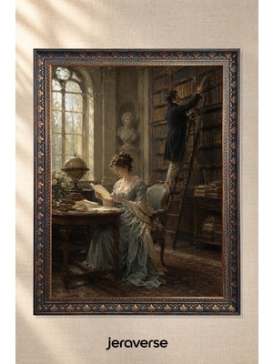 Jeraverse Mektuplar ve Eski Kütüphane Tekli Camlı Çerçeveli Vintage Tablo - 30 x 42 Saray Laciverti