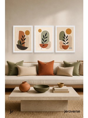 Jeraverse Güneş Altında Botanik Denge 3'lü Modern Soyut Çerçeveli Tablo Seti - 15 x 21 Inci Beyaz