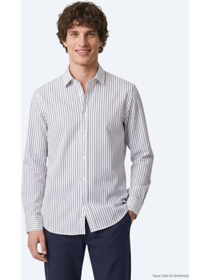 Kip Lacivert Çizgili Regular Fit Uzun Dokuma Casual %100 Pamuk Gömlek