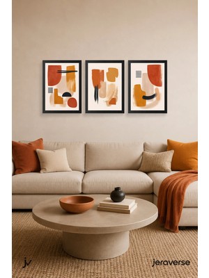 Jeraverse Terracotta Fırça Izleri 3'lü Modern Soyut Çerçeveli Tablo Seti - 15 x 21 Mat Siyah