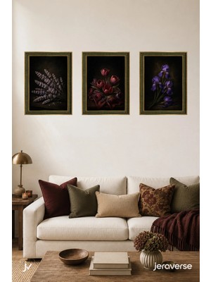Jeraverse Mor ve Bordo Çiçek Portreleri 3'lü Çerçeveli Vintage Tablo Seti - 15 x 21 Zeytin Patina
