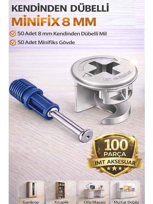 Imt Aksesuar 8 mm Kendinden Dübelli Minifix Gövde ve Mil Seti - Mobilya Bağlantı Elemanı (100 Parça) Metalik