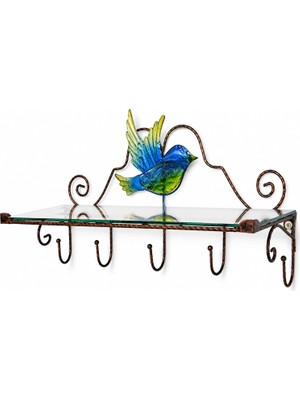 El Yapımı Metal ve Cam Duvar Rafı, Mavi Kuş Desenli, Askılı, Dekoratif Antre Tipi, 50 Cm, Şık ve Exclusive Tasarım Raf