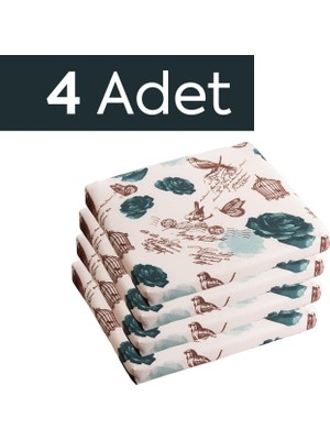 Sandalye Oturum Minderi Çiçekli 40X40X4 Bağcıklı Çıkarılabilir Kılıflı Su Itici Yeşil 4'lü