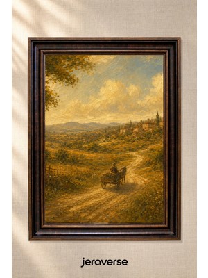Jeraverse Altın Tarlada Atlı Yolcu Tekli Camlı Çerçeveli Vintage Tablo - 15 x 21 Antik Maun