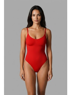 Küçük Hazine Kadın Kapsız Cırt Cırtlı Düz Desen Kırmızı Body