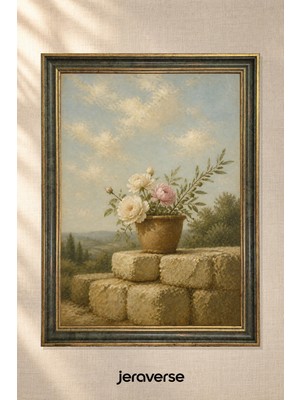 Jeraverse Taş Duvarda Bahar Çiçekleri Tekli Camlı Çerçeveli Vintage Tablo - 15 x 21 Zeytin Patina