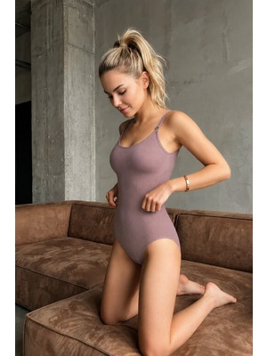 Küçük Hazine Kadın Yüksek Bel Dar Kesim Streç Gül Kurusu Body