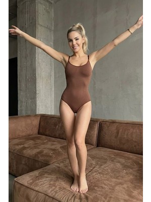 Küçük Hazine Kadın Yüksek Bel Dar Kesim Streç Kahverengi Body