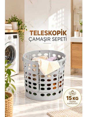 25100-1 Teleskopik Katlanır Sepet Katlanabilir Çamaşır Sepeti Orta Boy Katlanır Çamaşır Sepeti Gri 15LT