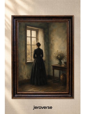 Jeraverse Pencere Önünde Siyah Elbiseli Kadın Tekli Camlı Çerçeveli Vintage Tablo - 15 x 21 Antik Maun