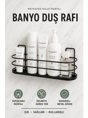 Siyah Yapışkanlı Metal Banyo Düzenleyici Raf, Şampuanlık ve Duş Rafı Banyo Organizer MT129S