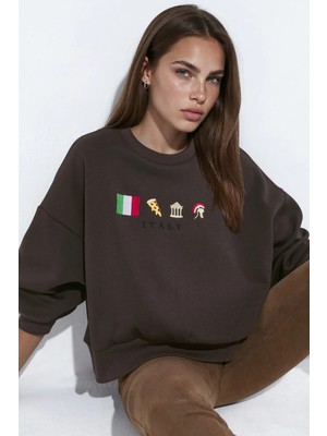 Hiccup Kadınlar Nakışlı Relaxed Fit Sweatshirt Kahve Kahvesi
