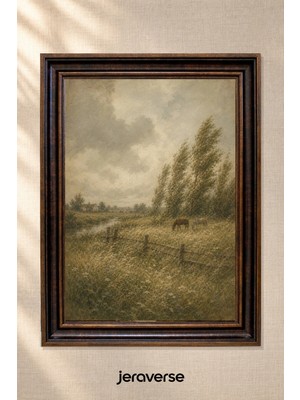 Jeraverse Rüzgârlı Kırda Atlar Tekli Camlı Çerçeveli Vintage Tablo - 15 x 21 Antik Maun