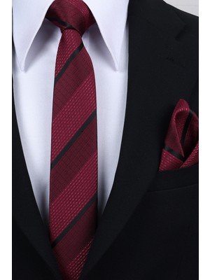 Esgue Hand Made 6 cm Çizgili Desen Bordo-Siyah Renk Mendilli Kravat