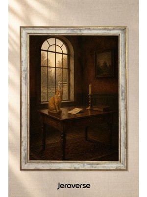 Jeraverse Eski Pencerede Kedi ve Mektuplar Tekli Camlı Çerçeveli Vintage Tablo - 15 x 21 Patina Krem