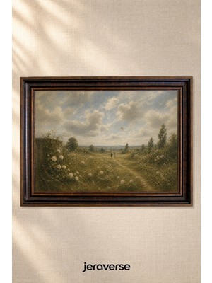 Jeraverse Kır Çiçekleri Arasında Yol Yatay Tekli Camlı Çerçeveli Vintage Tablo - 15 x 21 Antik Maun