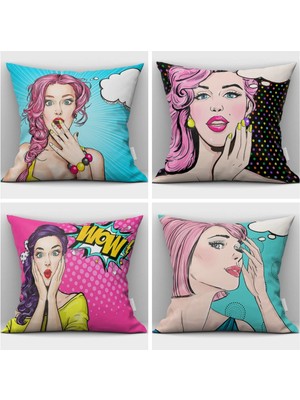 Pratik Ev Çift Taraflı Baskılı Pop Art Kızları 4'lü Kombin Kırlent Kılıfı