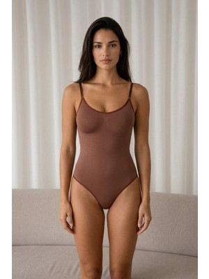 Küçük Hazine Kadın Kapsız Cırt Cırtlı Düz Desen Kahverengi Body