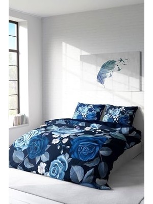 Pratik Ev Çift Kişilik Nevresim Takımı Özel Dokuma Pamuk Saten 3D Digital Blue Flower, MONOHOME2803HF