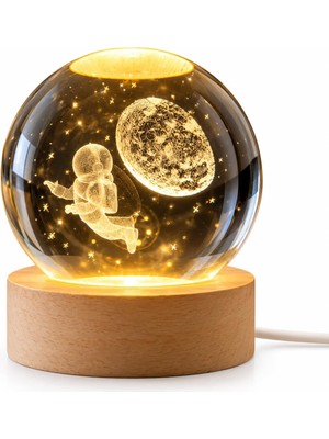 Astronot Kristal Cam Küre Gece Lambası, Ay ve Astronot 3D Lazer Işlemeli LED Işıklı Ahşap Standlı USB Dekoratif Masa Lambası