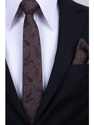 Esgue Hand Made 6 cm Şal Desen Kahve-Bordo Renk Mendilli Kravat