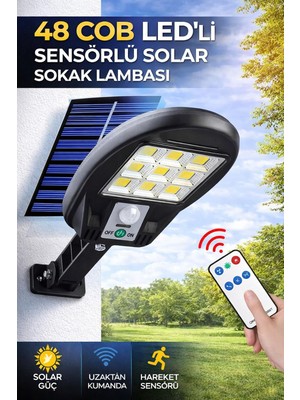 48 Cob LED Solar Sokak Lambası Hareket Sensörlü 3 Modlu Bahçe Duvar Aydınlatma Lambası