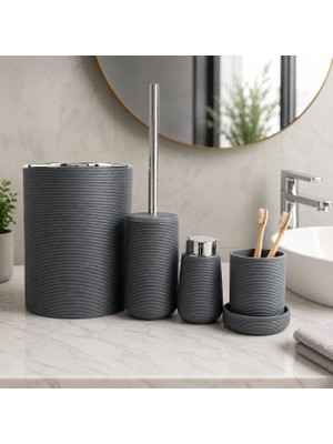 Akrilik Banyo Seti 5 Parça, Çöp Kovası, Tuvalet Fırçası, Sıvı Sabunluk, Diş Fırçalık ve Bardak, Modern Tasarım, Dekoratif Banyo Aksesuar Seti, Antrasi
