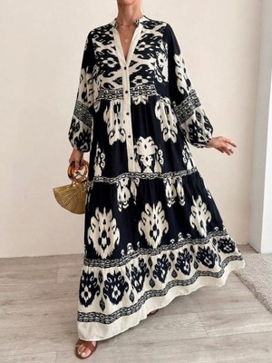 Mass Fashion Kadın Desenli Düğme Detaylı Maxi Elbise