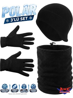 Axe Sportswear Erkek Siyah Kışlık Termal Polar Eldiven & Kulaklıklı Polar Bere & Ipli Polar Boyunluk 3lü Set