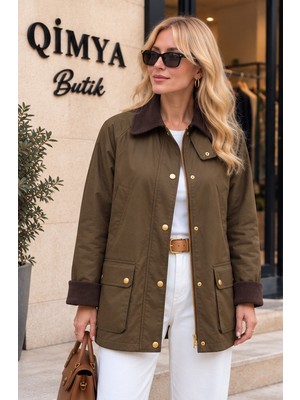 Qimya Butik Concept Kadın Yaka & Manşeti Kadife Yağlı Kumaş Premium Basic Ara Boy Mont-Ceket