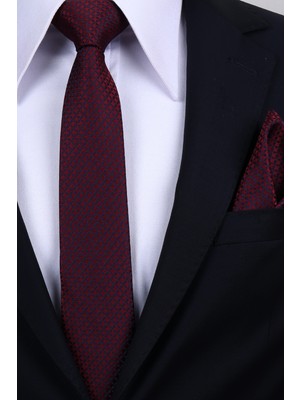 Esgue Hand Made 6 cm Geometrik Desen Bordo-Lacivert Renk Mendilli Kravat
