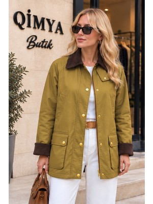 Qimya Butik Concept Kadın Yaka & Manşeti Kadife Yağlı Kumaş Premium Basic Ara Boy Mont-Ceket
