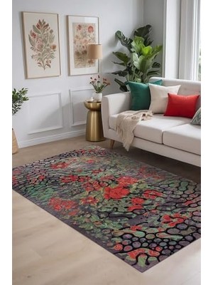 Pratik Ev Melin Vintage Desenli Şönil Pamuk Tabanlı Yıkanabilir Kaymayı Önleyici Antibakteriyel Salon Halısı 200X300