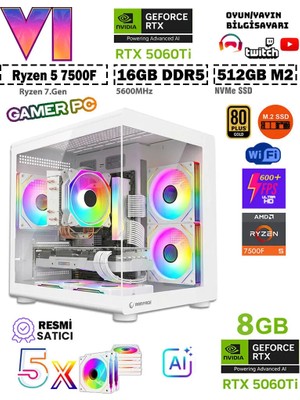 Zeiron Mohawk White Amd Ryzen 5 7500F-MSI A620M-B/GEFORCE RTX 5060Ti 8GB X2 ICE/512GB SSD/16GB DDR5 Beyaz-Oem Oyuncu Paket
