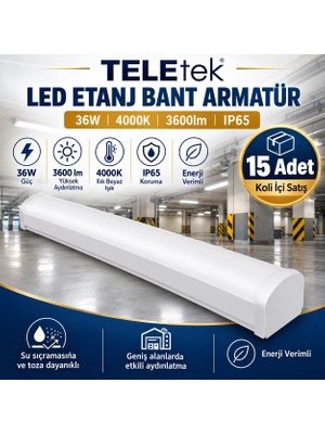 Teletek 36W 4000K 3600LM IP65 LED Etanj Ilık Beyaz Bant Armatür 120 cm - 15 Adet