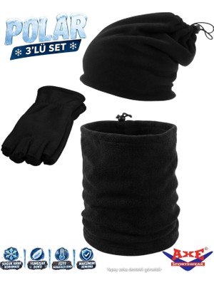 Axe Sportswear Unisex Siyah Kışlık Polar Kesik Yarım Parmak Eldiven - Polar Ipli Şapka Bere Olabilen Boyunluk 3'lü Set
